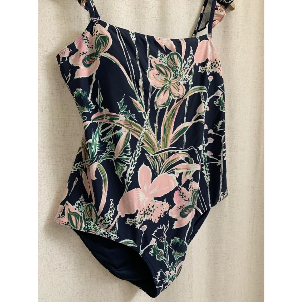Vineyard Vines Navy Wild Floral Ruffled Strap OnePiece Swimsuit UPF 50+ Large - Picture 2 of 11